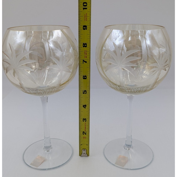 2 Royal Danube Etched Palm Tree Yellowish Luster Balloon Wine Glasses 9" Goblets - Picture 9 of 12